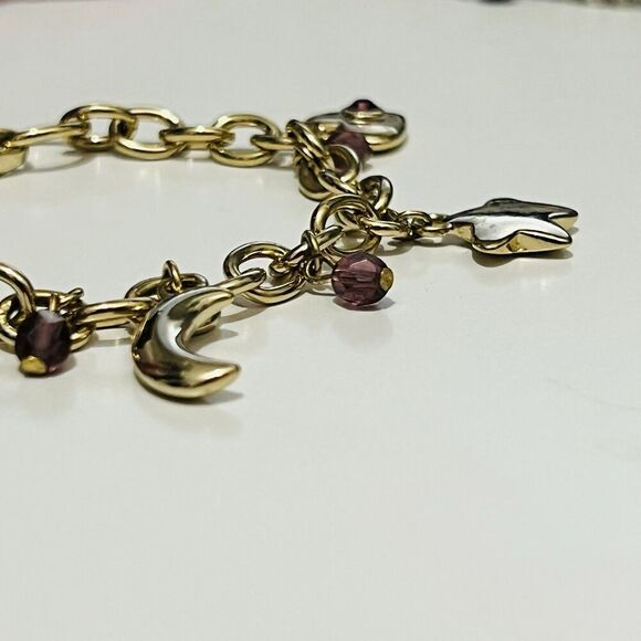 Birthstone Amethyst Charm Bracelet Angel Heart Moon Star Gold Chain - Picture 3 of 7